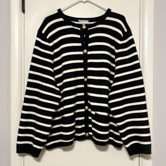 J. Crew BQ196 Women's Plus Emilie Sweater Lady Jacket Black Ivory Stripe 3X - Picture 1 of 10